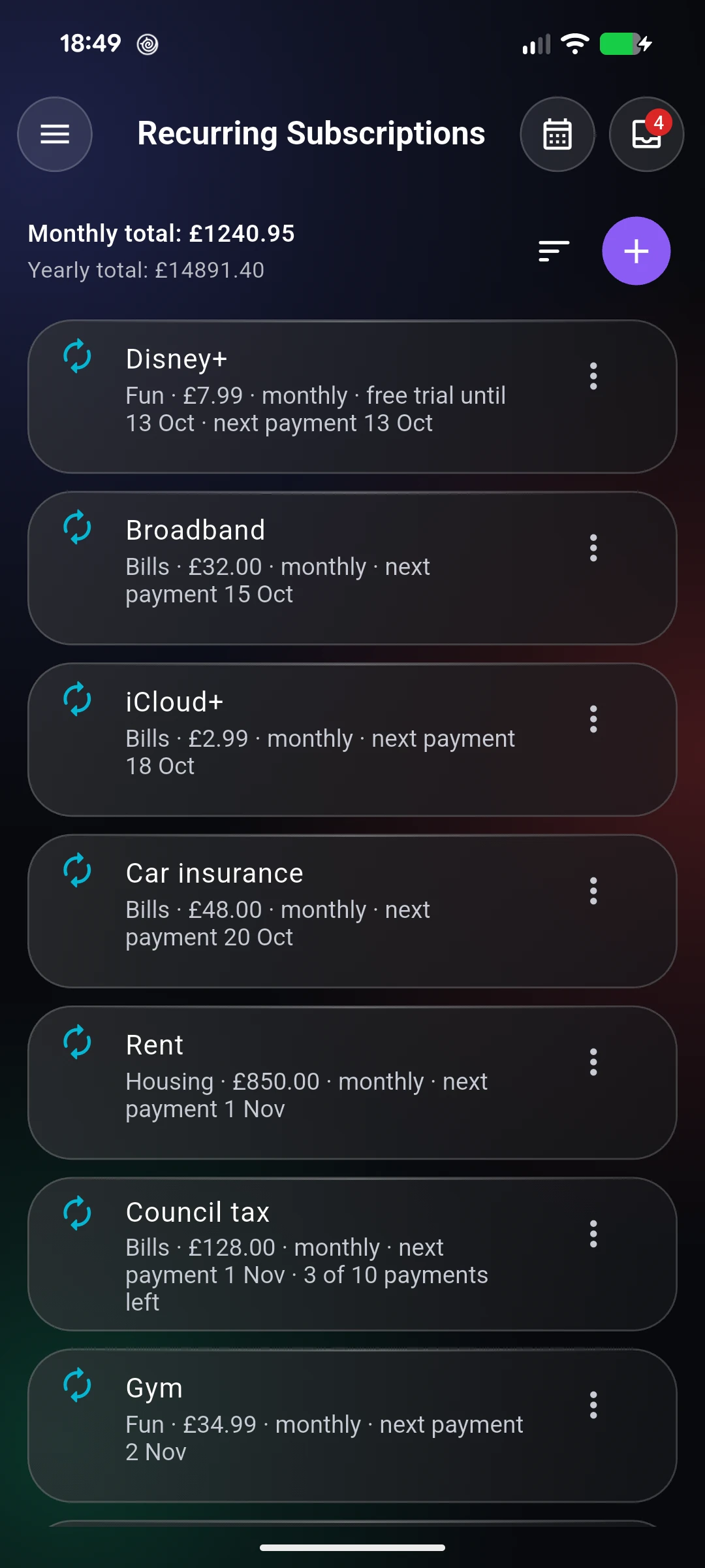 Recurring Subscriptions screen: monthly total £1240.95, with Disney+ on a free trial until 13 October, broadband, iCloud+, car insurance, rent and council tax.