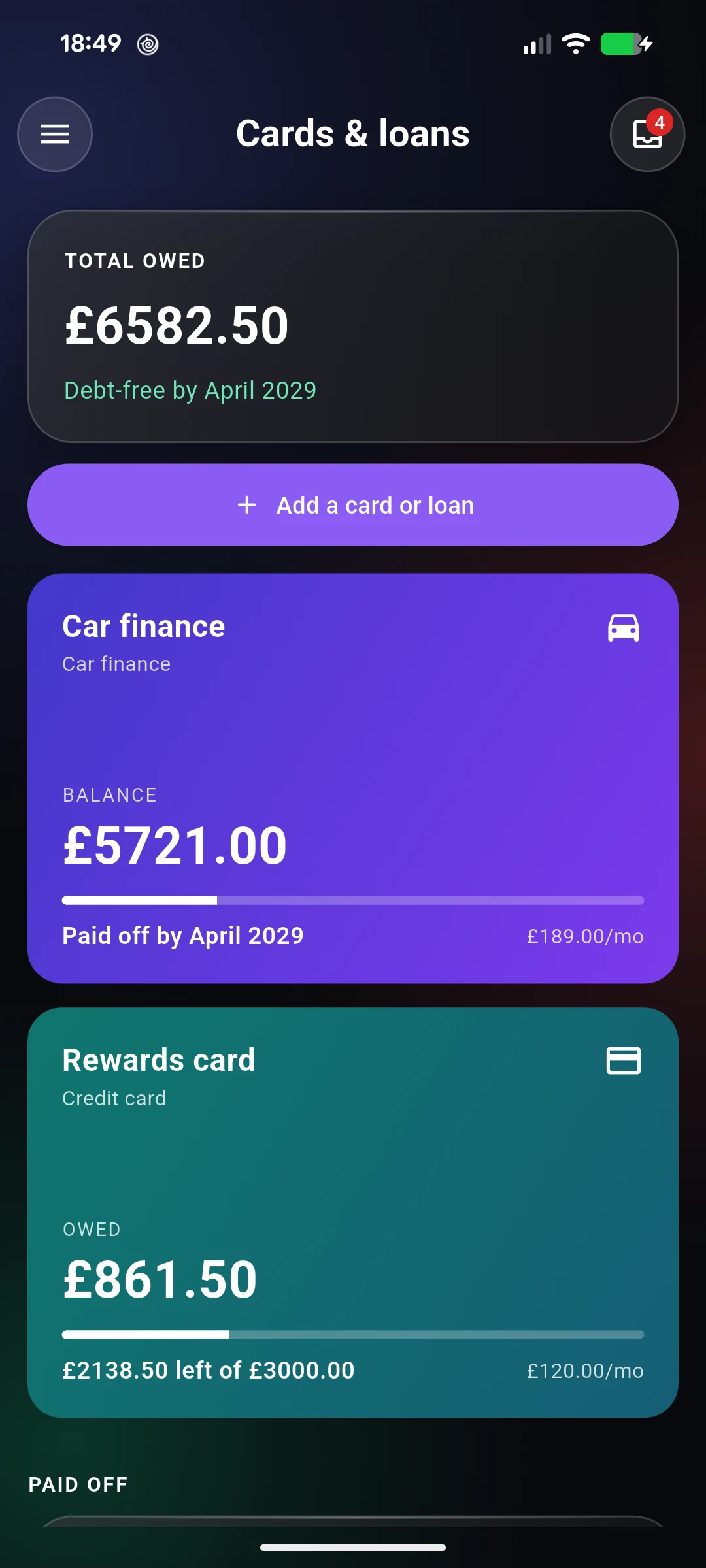 Cards and loans screen: total owed £6582.50, debt-free by April 2029, with a car finance balance and a rewards credit card.