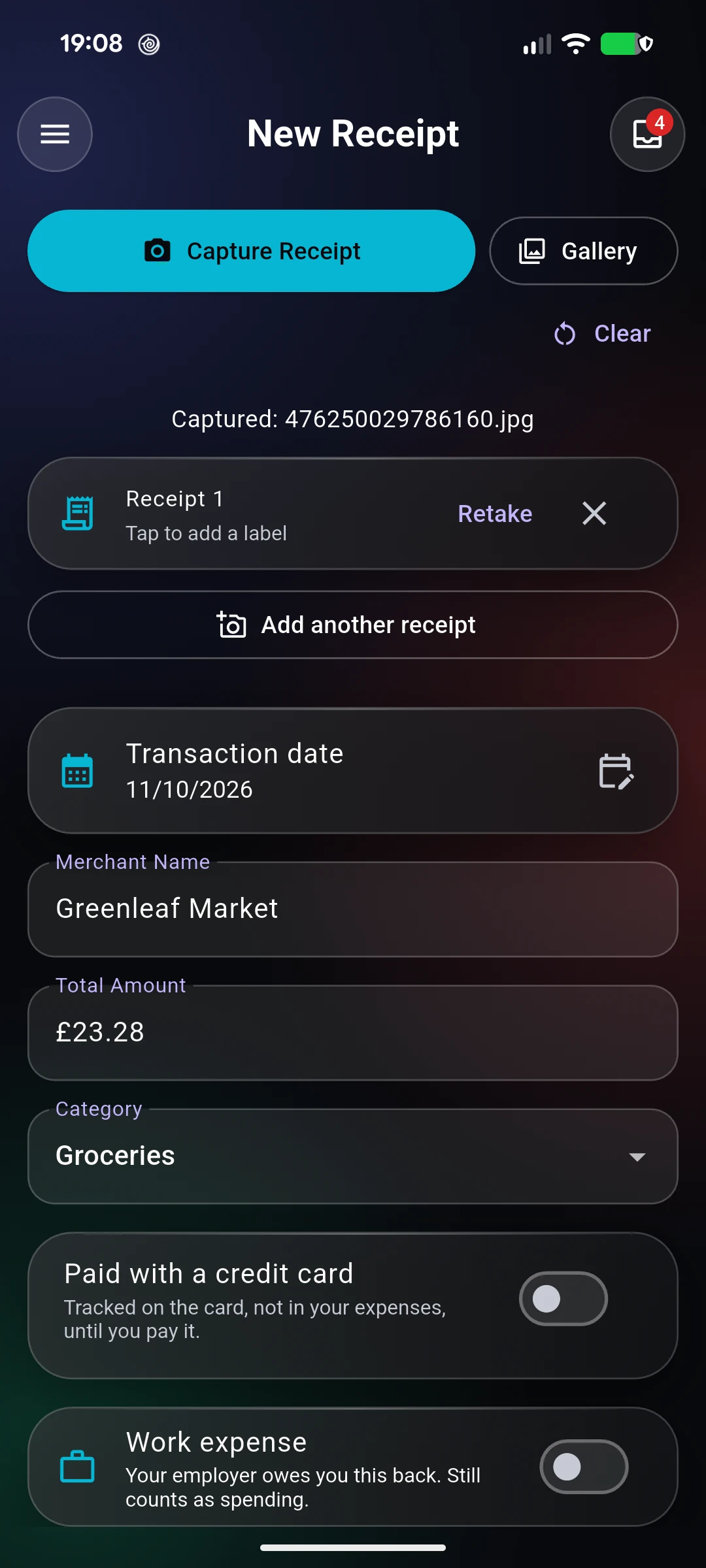 New Receipt screen: a captured receipt with merchant Greenleaf Market, total £23.28 and category Groceries filled in, and an Add another receipt button.