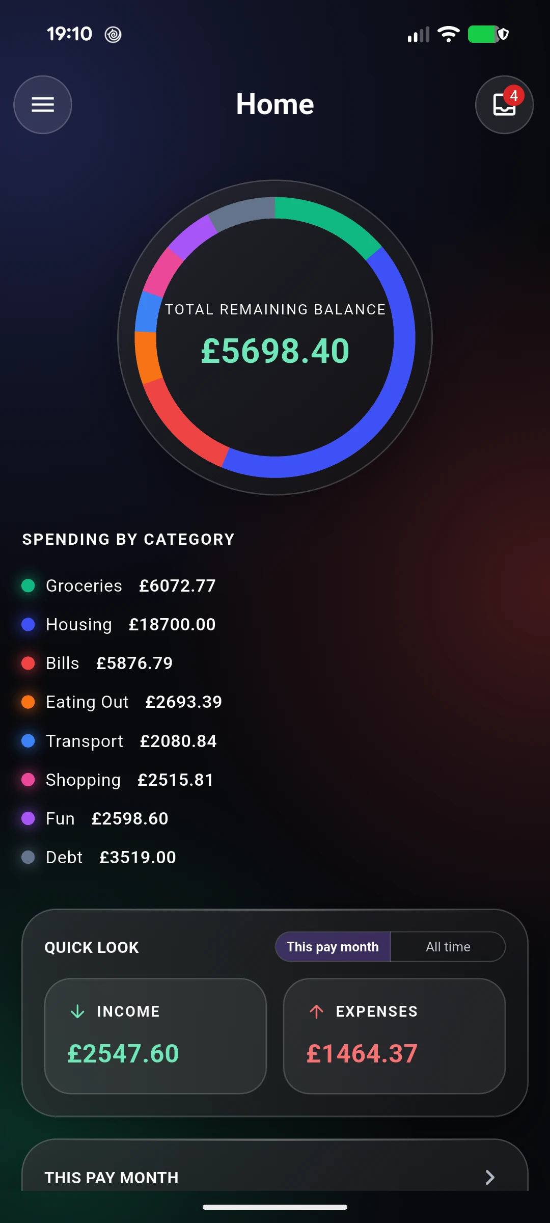 Home screen in the Glass look: a spending ring around the total remaining balance £5698.40 on a dark background with soft coloured glows.